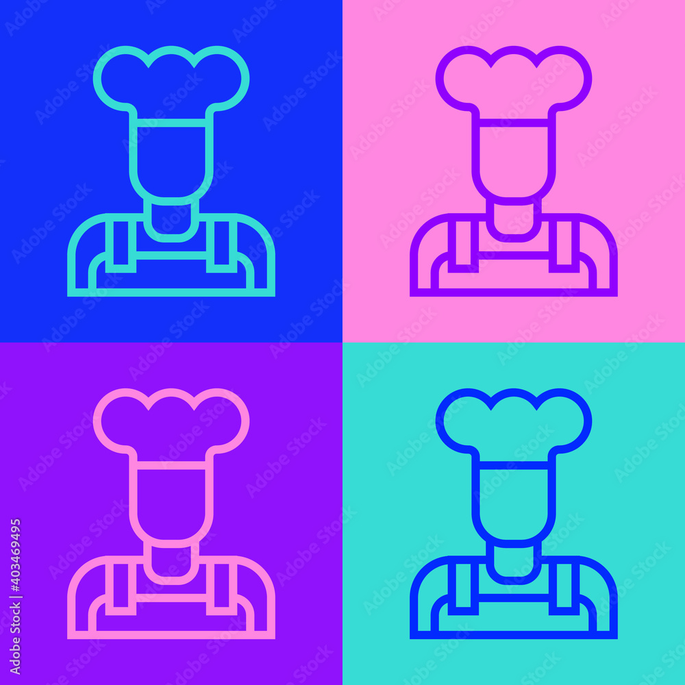 Pop art line Cook icon isolated on color background. Chef symbol. Vector.