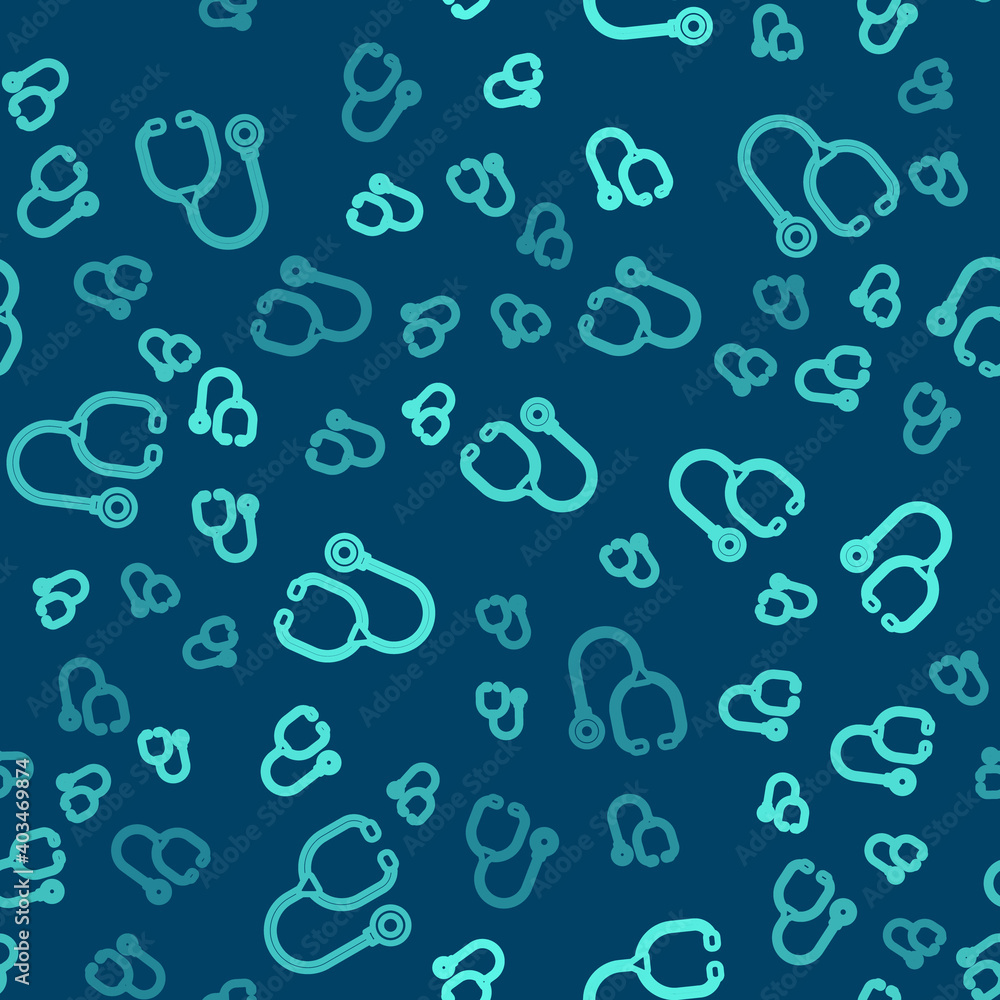 Green line Stethoscope medical instrument icon isolated seamless pattern on blue background. Vector.