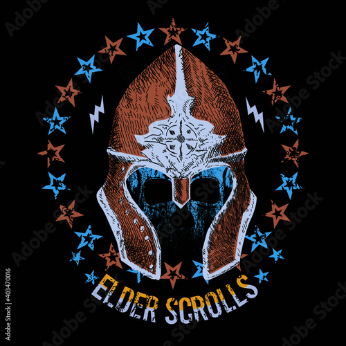 Foto Vector illustration of a skull with dawnguard helmet, with a circle of stars and letters on a black background