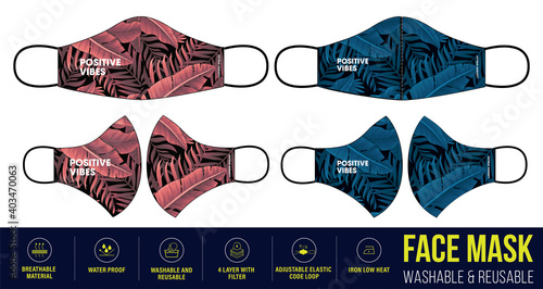 Tropical leaf Printed Clothing medical Face mask design, Reusable Clothing Face mask design with digital print and Fabric feature details, medical Face mask, Fashionable medical face mask design