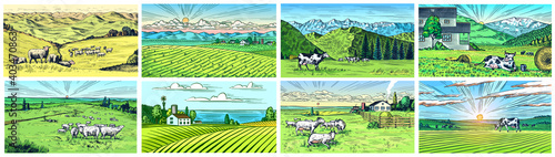 Rural meadow set. A village landscape with cows, goats and lamb, hills and a farm. Sunny scenic country view. Hand drawn engraved sketch. Vintage rustic banner for wooden sign or badge or label.