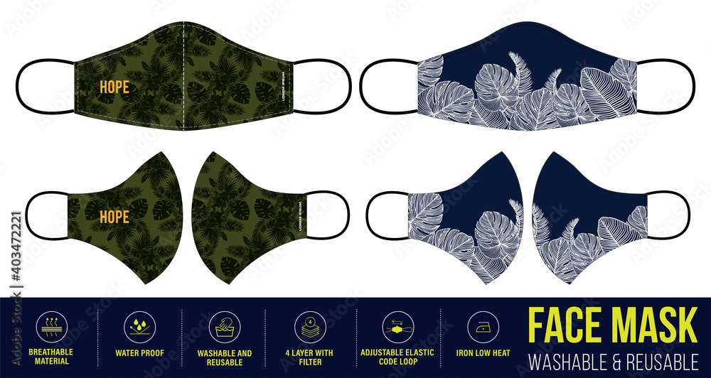Tropical leaf Printed Clothing medical Face mask design, Reusable Clothing  Face mask design with digital print and Fabric feature details, medical  Face mask, Fashionable medical face mask design Stock Vector | Adobe