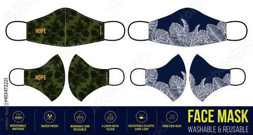 Tropical leaf Printed Clothing medical Face mask design, Reusable Clothing Face mask design with digital print and Fabric feature details, medical Face mask, Fashionable medical face mask design