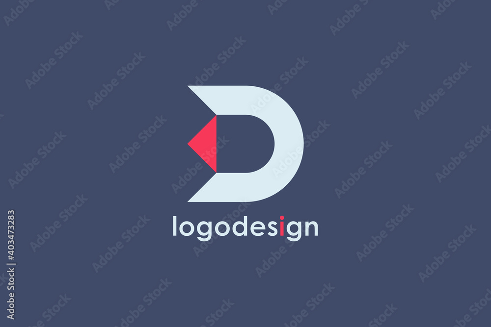 Abstract Initial Letter D Logo. White Geometric Shape with Red Arrow isolated on Blue Background. Usable for Business and Branding Logos. Flat Vector Logo Design Template Element. - obrazy, fototapety, plakaty 