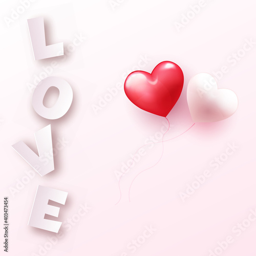 Valentine s day card with pink love text and couple hearts. Vector
