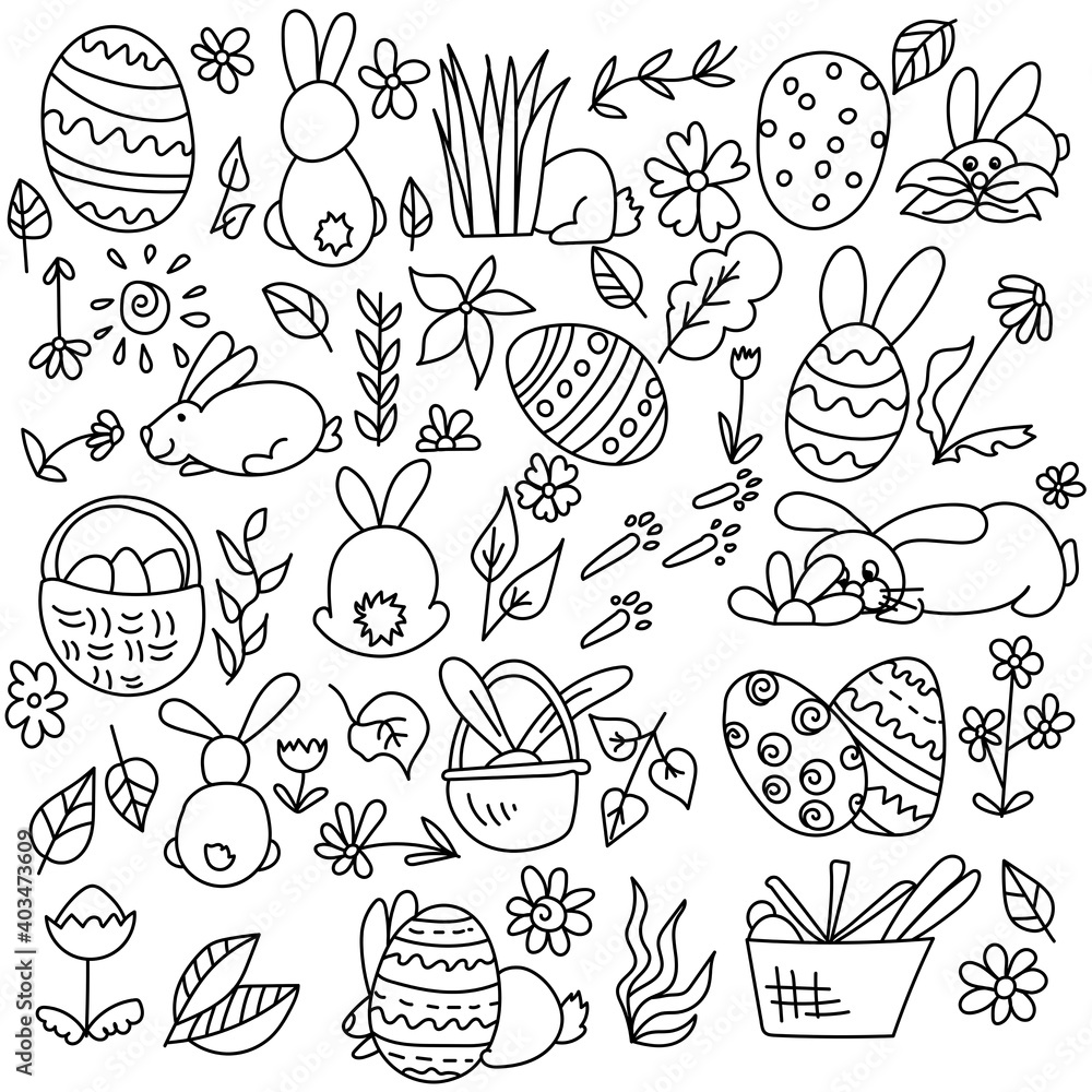 Set of Easter doodles bunnies, attributes of Easter eggs, baskets, flowers and leaves, coloring page with cute little animals