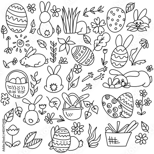 Set of Easter doodles bunnies  attributes of Easter eggs  baskets  flowers and leaves  coloring page with cute little animals
