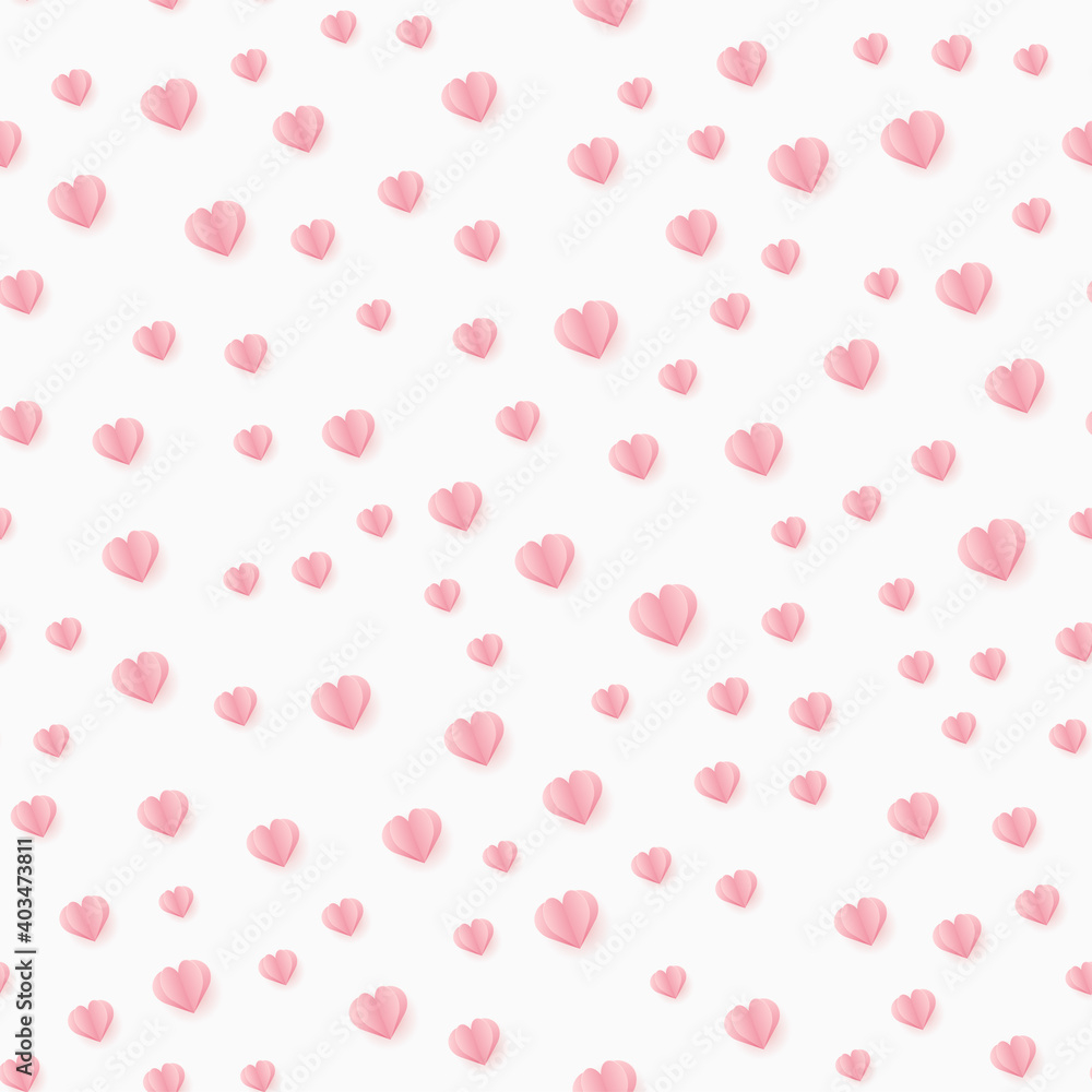 Seamless pattern with pink hearts on white background. Vector