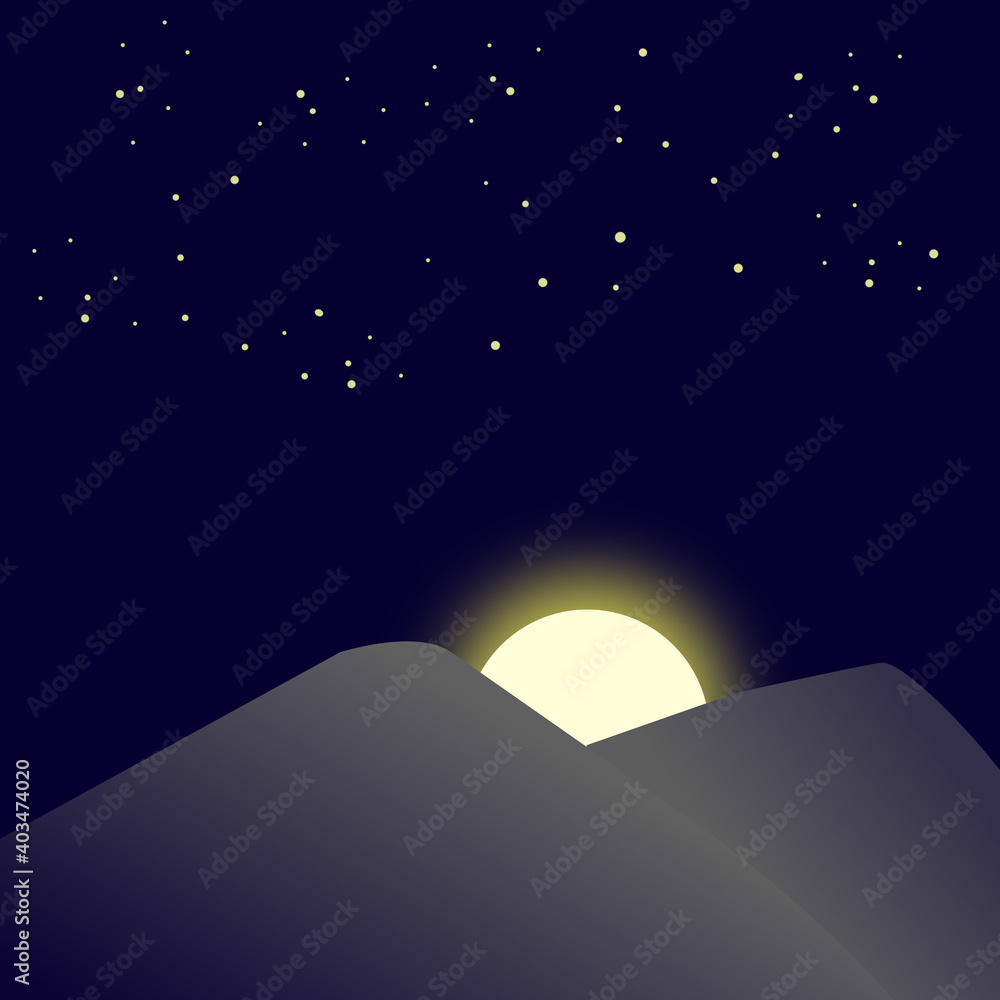 Obraz premium A Night Landscape with a Full Moon and a Starry Sky and Hills