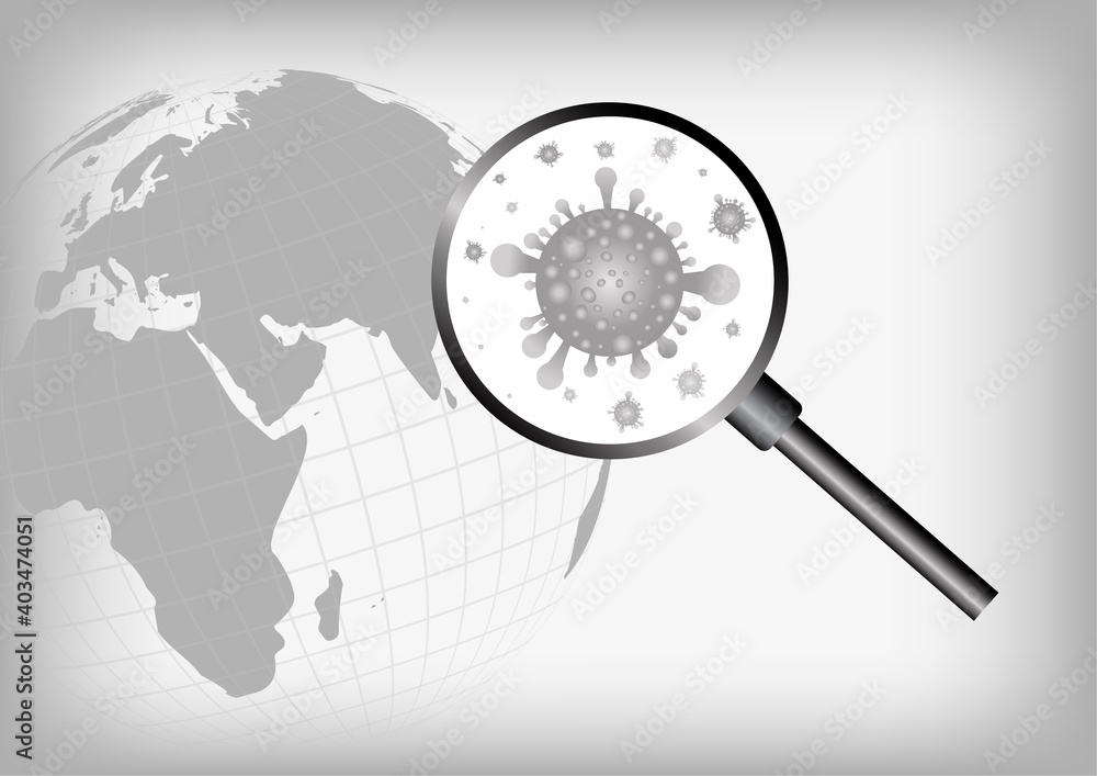 Vector : World and magnifying glass with virus on gray background Vector : World and magnifying glass with virus on gray background