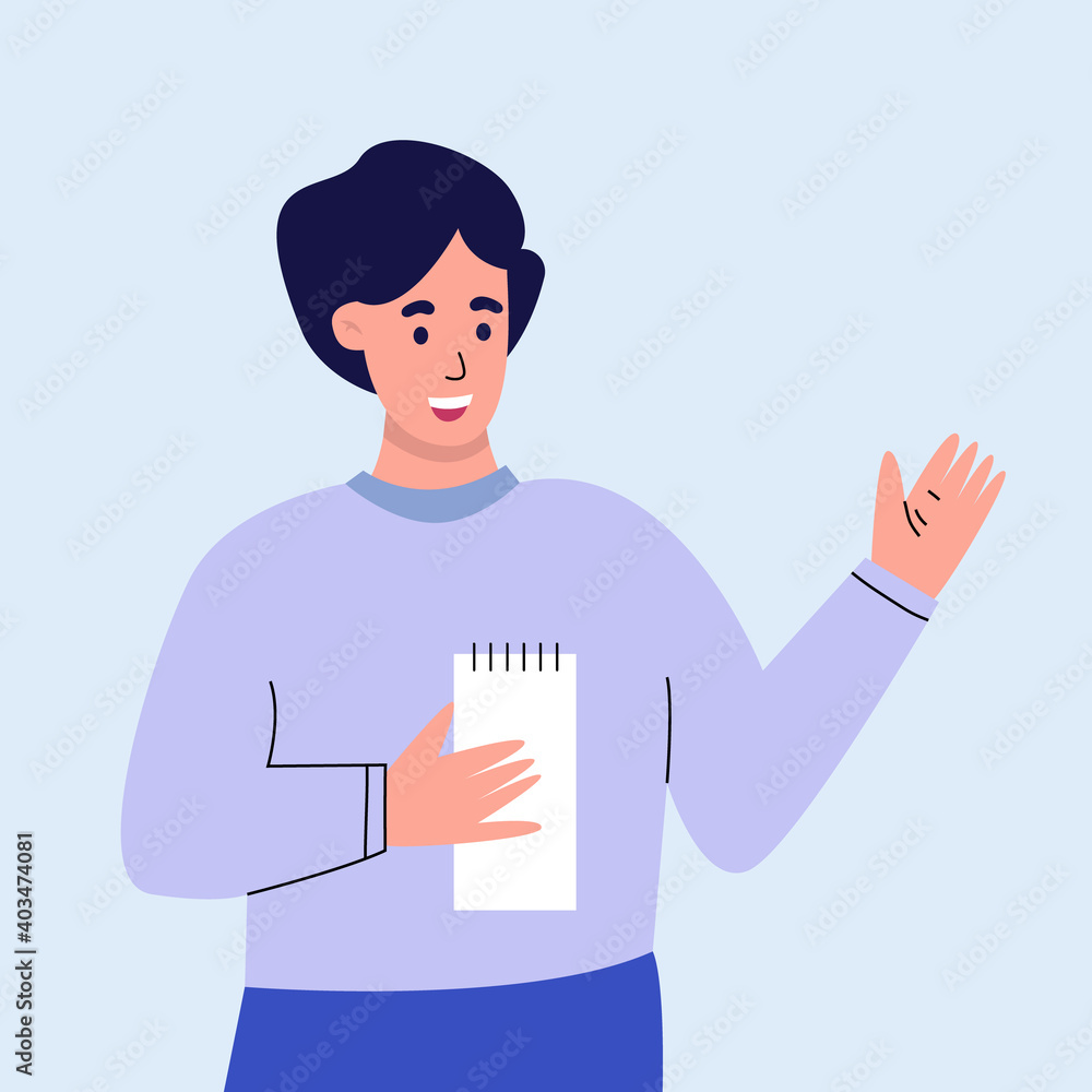 A young boy is a student, a boy  stands tall and holds a notebook, vector illustration.  Cute cheerful boy holds documents in his hands, stands