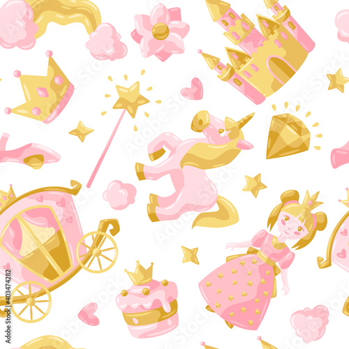 Princess party items seamless pattern.