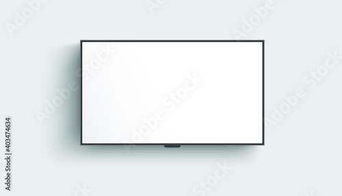 4K TV flat screen lcd or oled, plasma, realistic illustration, White blank monitor mockup. wide flatscreen monitor hanging on the wall photo