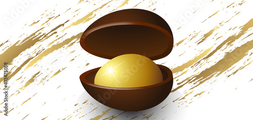 Illustration vectorielle 3D d’un œufs de Pâques en chocolat avec à l’intérieur un œuf en or sur un fond blanc avec des traces or.