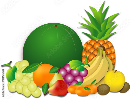 Frutas variadas, manzana, pera, naranja, mandarina, plátano, banana, uvas, piña, sandía y kiwi sobre fondo blanco