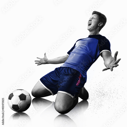 Fototapeta Naklejka Na Ścianę i Meble -   one caucasian soccer player man happy celebration in silhouette isolated on white background