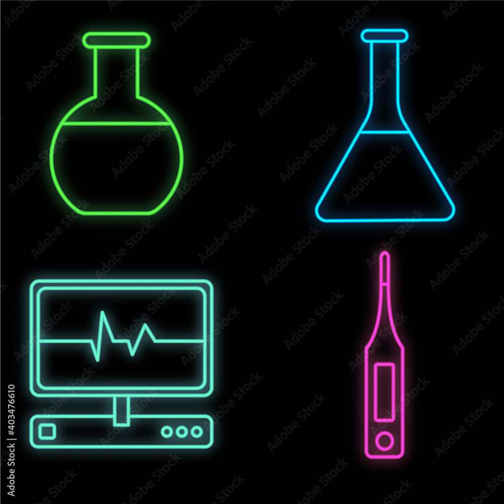 Set of bright glowing multicolored medical neon signs for a pharmacy or hospital store beautiful shiny science flask thermometer pulse on a black background. illustration Set of bright glowing multicolored medical neon signs for a pharmacy or hospital store beautiful shiny science flask thermometer pulse on a black background. illustration