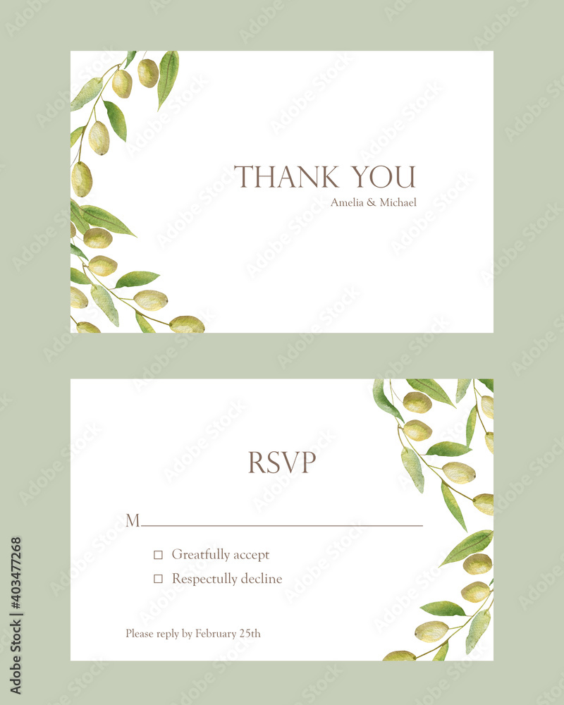 Watercolor hand painted nature wedding frames set with green olives on branches bouquet, thank you and rsvp names text for invitation and greeting card on the white background