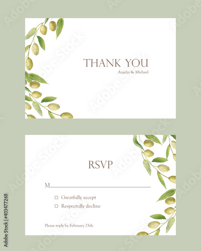 Watercolor hand painted nature wedding frames set with green olives on branches bouquet, thank you and rsvp names text for invitation and greeting card on the white background