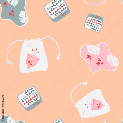 Eco feminine hygiene pattern. Trendy hand draw intmate products seamless vector pattern for cards, web and wrapping paper.