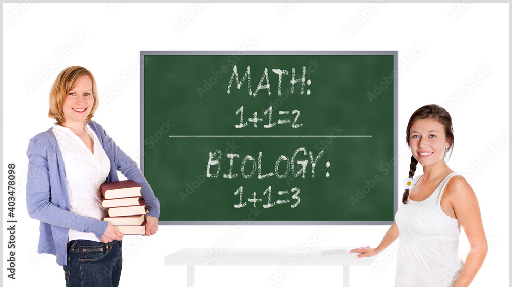 Young teacher and schoolgirl in front of a chalkboard, math one plus one  equals two and biology one plus one equals three is written on the board,  isolated on white background Photos