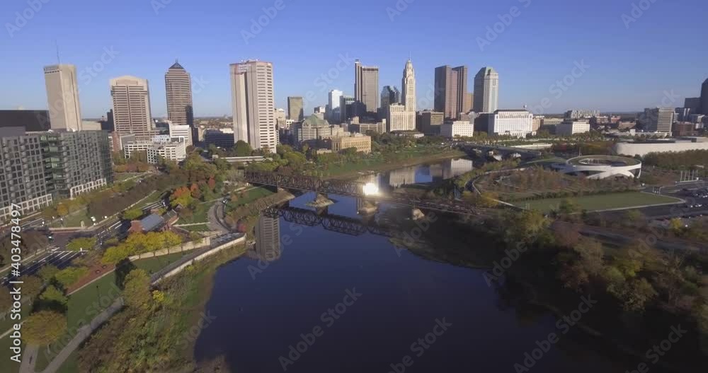 Drone Video Shot of Ohio State Capital Columbus City Buildings, Bridges, Scioto River Mile Park, Infrastructure, Offices, Skyscrapers, and Apartments Drone Video Shot of Ohio State Capital Columbus City Buildings, Bridges, Scioto River Mile Park, Infrastructure, Offices, Skyscrapers, and Apartments
