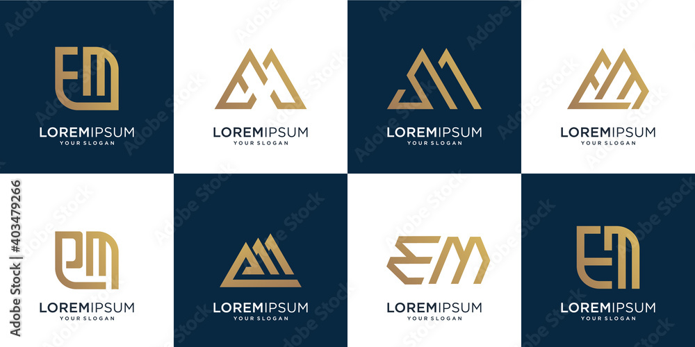 Set of abstract letter e and letter m combination.symbol for business,inspiration,technology,luxury.design template.premium vector Premium Vector