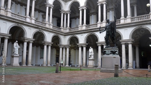 Milan, Italy January 2021. Courtyard of Pinacoteca di Brera university , with the Napolean Statue during Covid-19 Coronavirus lockdown quarantine home - no student and tourist - empty city 