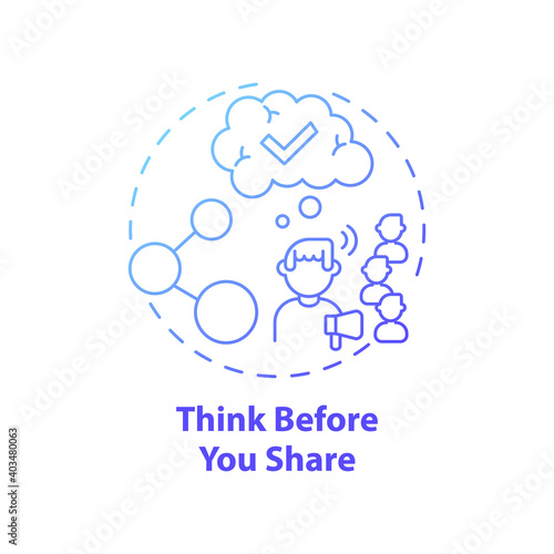 Thinking before sharing concept icon. Fake news check idea thin line illustration. Critical thinking. Distinguishing real from fake. Analyzing information. Vector isolated outline RGB color drawing