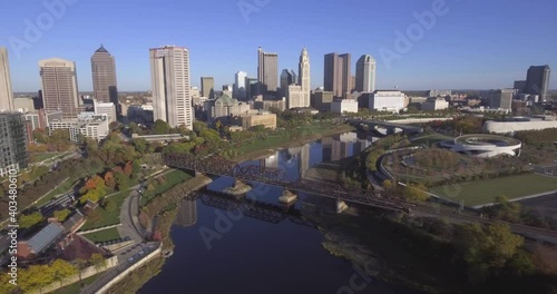 Wallpaper Mural Landscape Drone Aerial View of Downtown City of Columbus, Ohio on a Warm Autumn Sunset and Golden Hour Day Torontodigital.ca