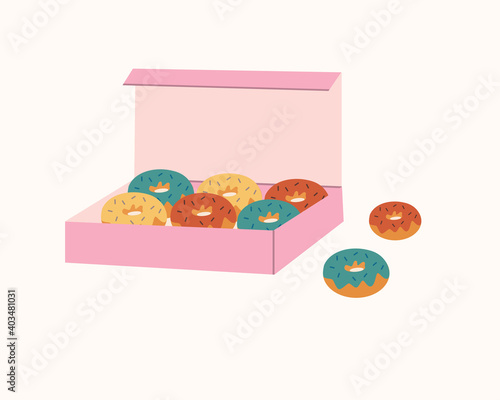 Donuts glazed with colorful sugar  and topped with sprinkles lying in pink carton box and isolated on white background. Delicious fried dough confectionery or dessert. Vector flat illustration.