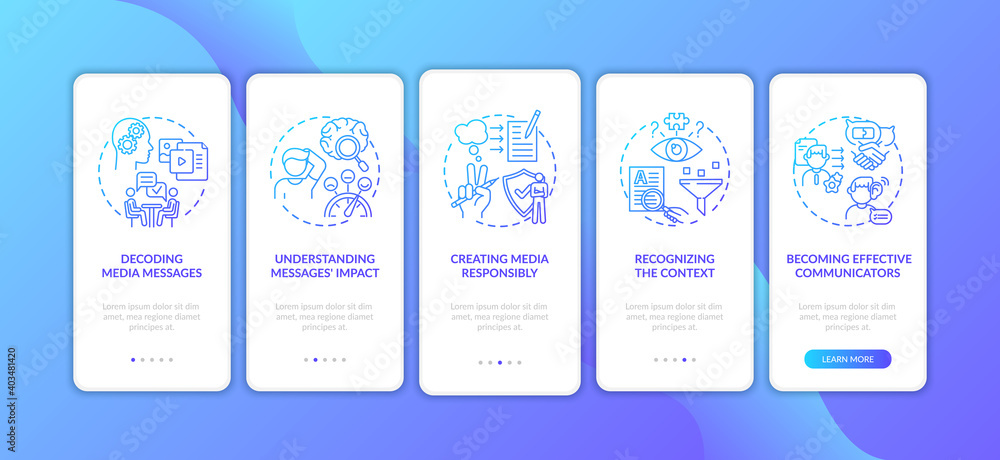 Media literacy features onboarding mobile app page screen with concepts. Decoding, effective communication walkthrough 5 steps graphic instructions. UI vector template with RGB color illustrations