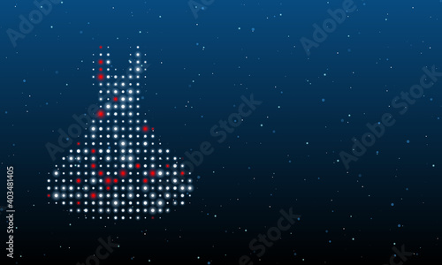 On the left is the flared dress symbol filled with white dots. Background pattern from dots and circles of different shades. Vector illustration on blue background with stars