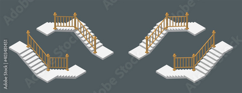 Isometric vector illustration modern concrete staircases for exterior or interior isolated on dark background. Set of steps or stairs in different positions vector icons in flat cartoon style.