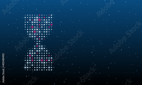 On the left is the hourglass symbol filled with white dots. Background pattern from dots and circles of different shades. Vector illustration on blue background with stars