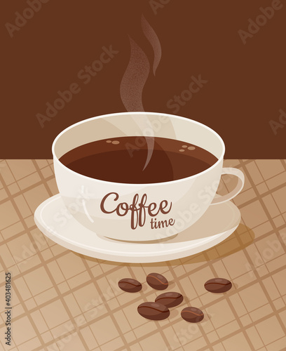 Vector monochrome illustration with a cup of coffee and coffee beans on the table.