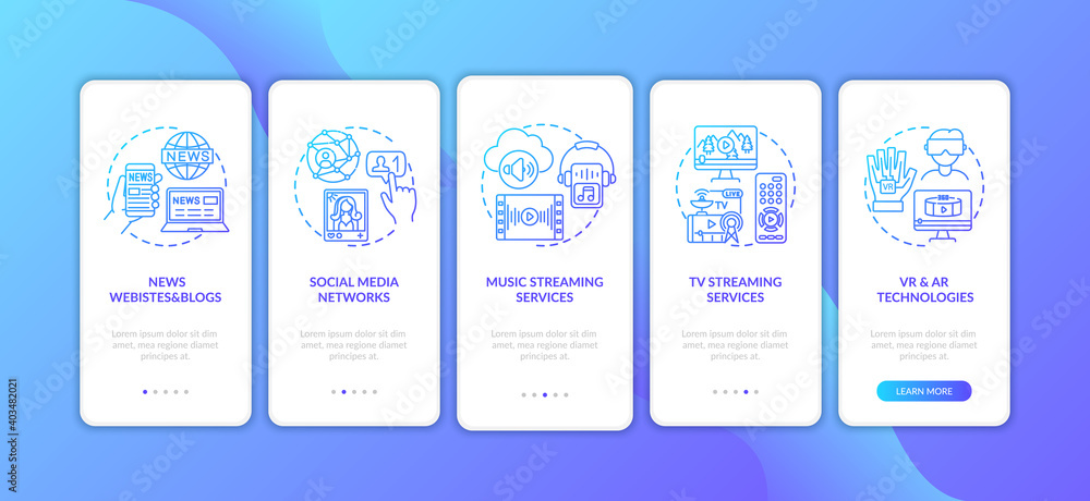 New media variety onboarding mobile app page screen with concepts. News, tv, music streaming walkthrough 5 steps graphic instructions. UI vector template with RGB color illustrations