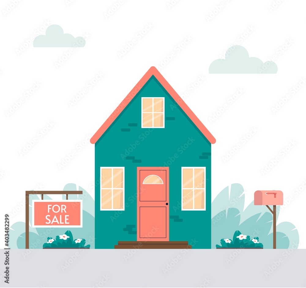 House for sale. Sign with information in the foreground. Facade of a house with plants and a mailbox. Real estate concept. Vector illustration in flat cartoon style. House for sale. Sign with information in the foreground. Facade of a house with plants and a mailbox. Real estate concept. Vector illustration in flat cartoon style.