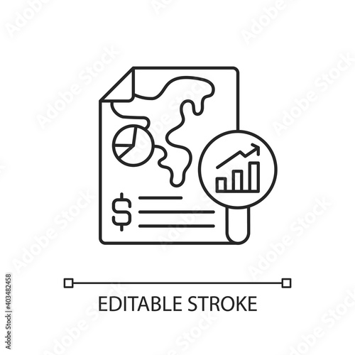 Financial report linear icon. Formal records of financial activities of business. Thin line customizable illustration. Contour symbol. Vector isolated outline drawing. Editable stroke