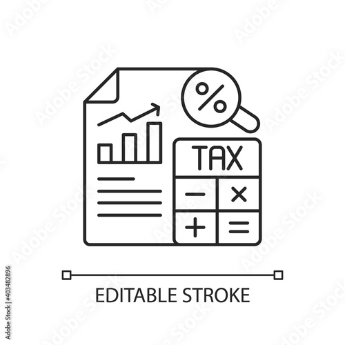 Tax accounting linear icon. Analysis and presentation of tax payments and returns. Thin line customizable illustration. Contour symbol. Vector isolated outline drawing. Editable stroke