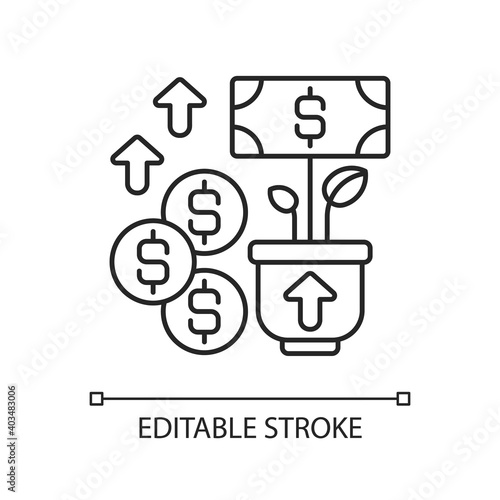 Revenue linear icon. Income and increase in net assets that entity has from its activities. Thin line customizable illustration. Contour symbol. Vector isolated outline drawing. Editable stroke