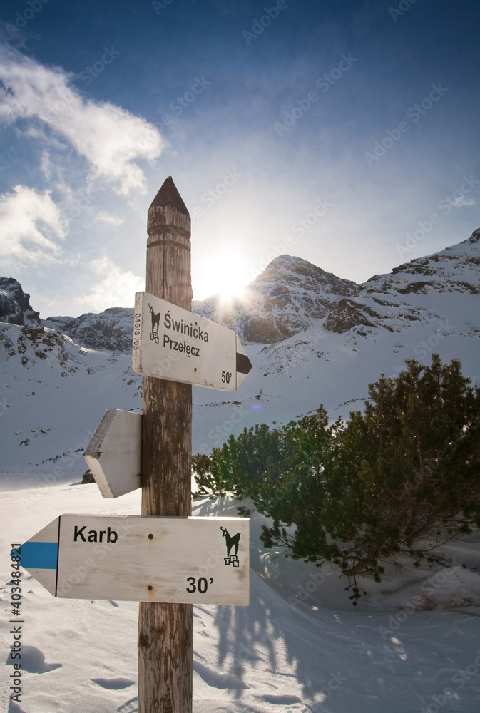 Oznaczenie szlaków w Tatrach zimą - obrazy, fototapety, plakaty 