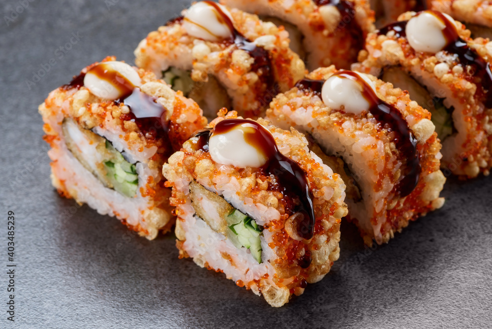 Sushi set roll with eel, Philadelphia cheese, and rice Sushi set roll with eel, Philadelphia cheese, and rice