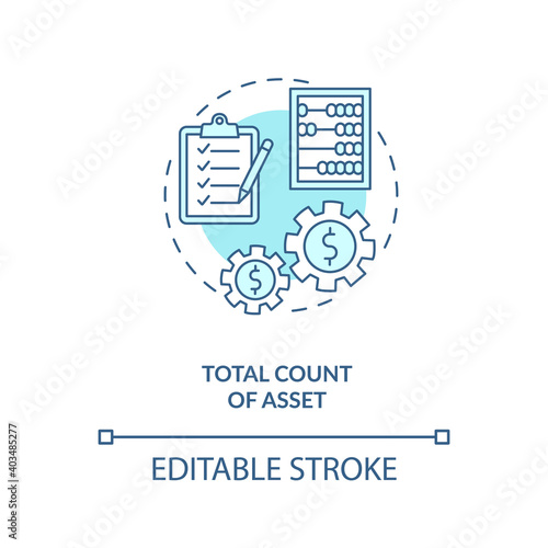 Total asset count concept icon. Assets inventory element idea thin line illustration. Cash and cash equivalents. Total resources available. Vector isolated outline RGB color drawing. Editable stroke