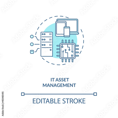 IT asset management concept icon. AM type idea thin line illustration. Business processes and practices. Organization values information. Vector isolated outline RGB color drawing. Editable stroke