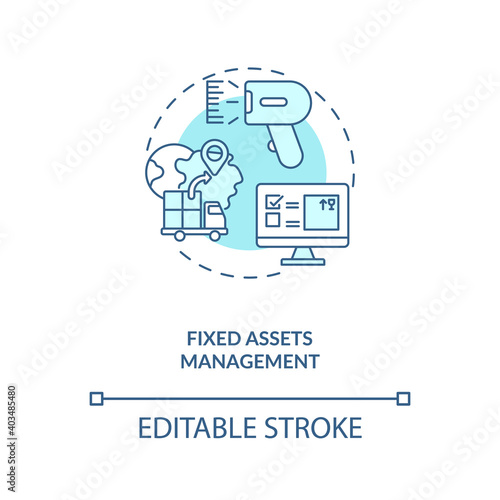 Fixed assets management concept icon. AM type idea thin line illustration. Tracking and maintaining organization physical capital. Vector isolated outline RGB color drawing. Editable stroke
