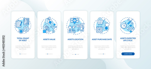 Assets inventory elements onboarding mobile app page screen with concepts. Purchase date, valuation walkthrough 5 steps graphic instructions. UI vector template with RGB color illustrations