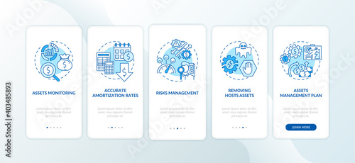 Asset management benefits onboarding mobile app page screen with concepts. Risks control, amortization rates walkthrough 5 steps graphic instructions. UI vector template with RGB color illustrations