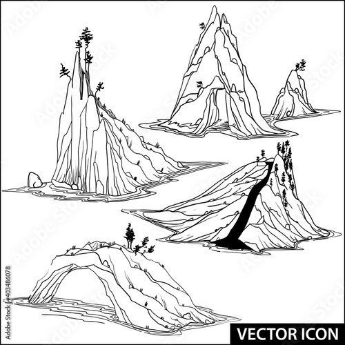 collection of vector icons of rocky islands in the sea