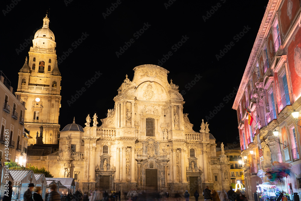 Murcia Cathedral, in Cardenal Belluga square, on a Christmas night.